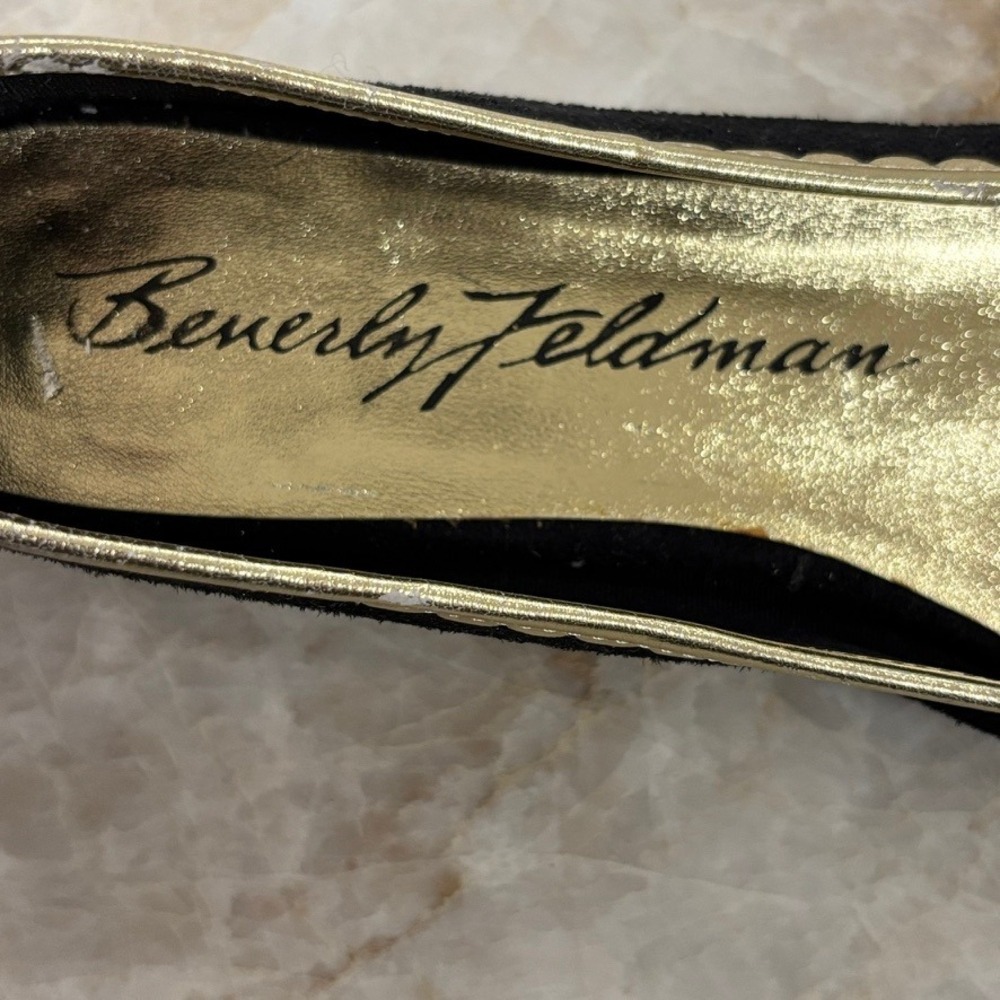 Beverly Feldman Black‎ Suede Ballet Flats Gold Trim Horsebit Size 7M - Picture 4 of 7